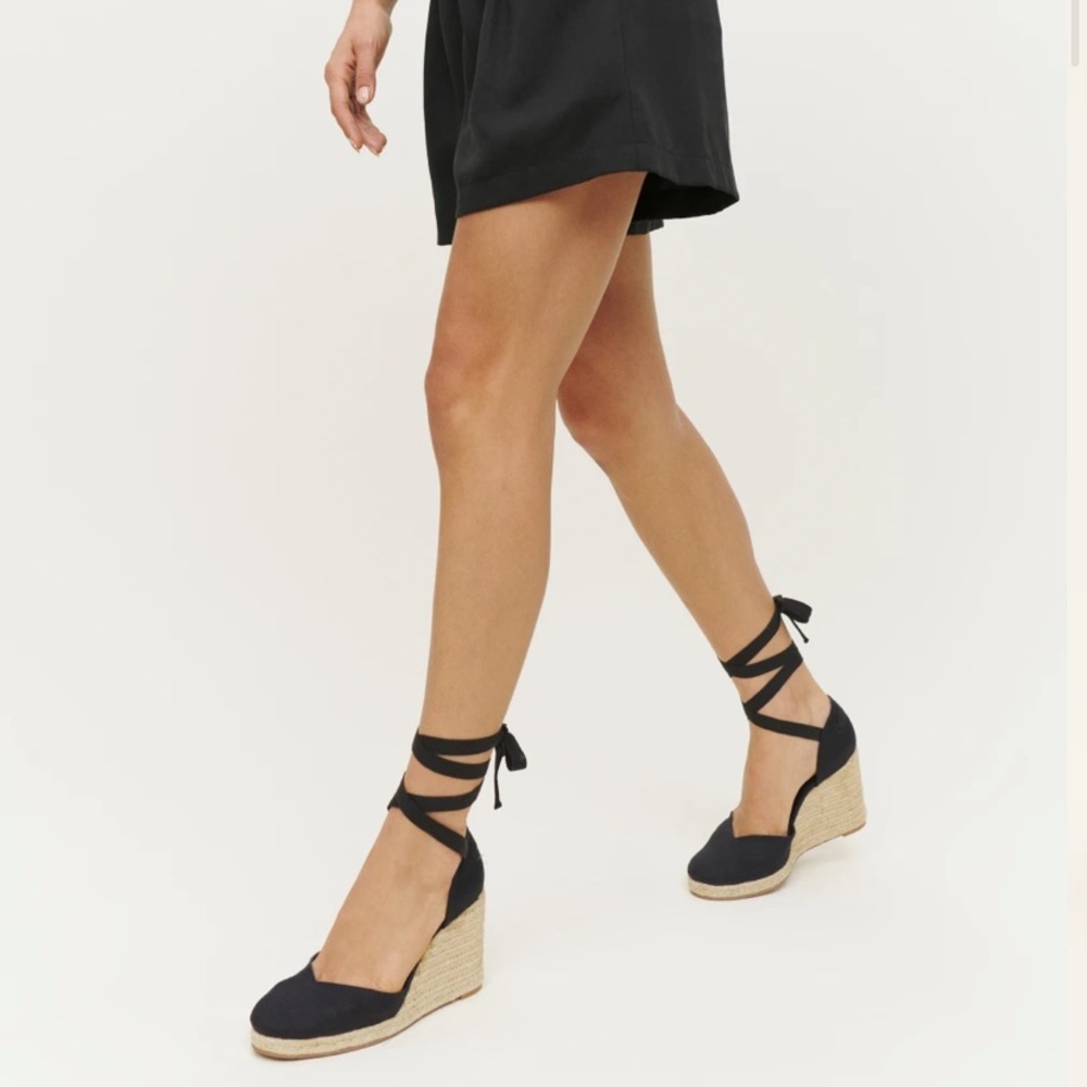 Reformation Black Camilla Lace Up Wedge Espadrille